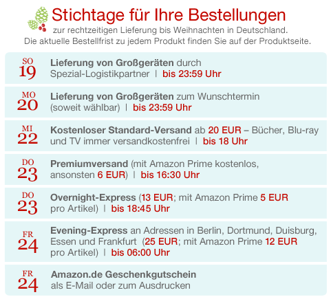 Amazon.de: Stichtage für Weihnachtsbestellungen